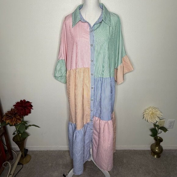 SimpleePlus Multicolor Striped Colorblock 1/2 Sleeve Button Down Shirt Dress 4XL - Picture 1 of 7